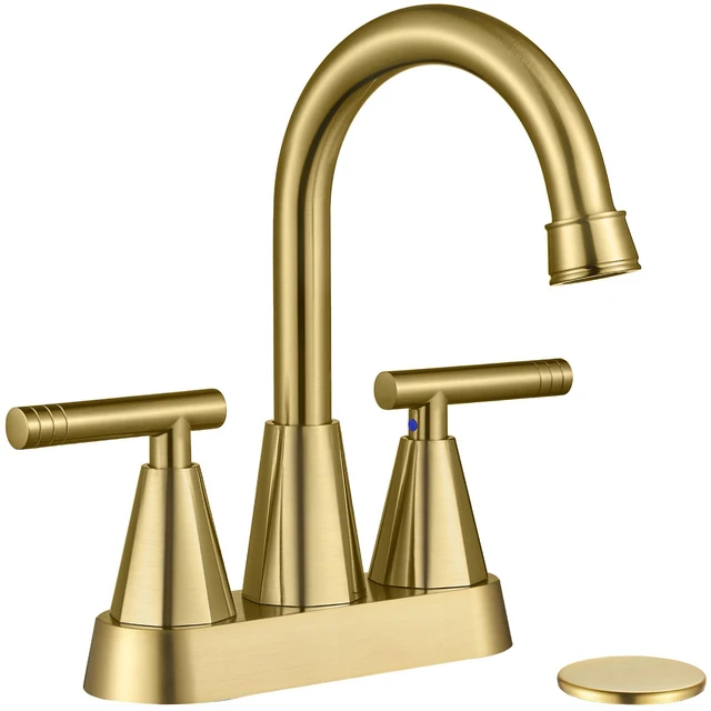 Main image of Brushed Gold Bathroom Faucets, Centerset Bathroom Sink Faucet 4 Inch with Pop Up Drain and Supply Hoses, 2 Handle Stainless Steel Faucet for Vanity, RV, Farmhouse, 2 or 3 Hole