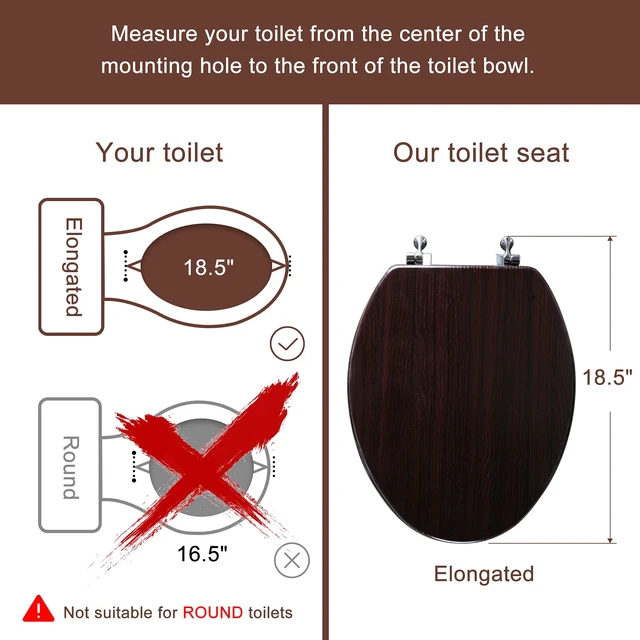 Alt view image 3 of 7 - Wood Toilet Seat with Zinc Alloy Hinges (Elongated, Dark Brown) Elongated Toilet Seat, Anti-Pinch Bumpers, Adjustable Hinges, Easy to Install and Clean