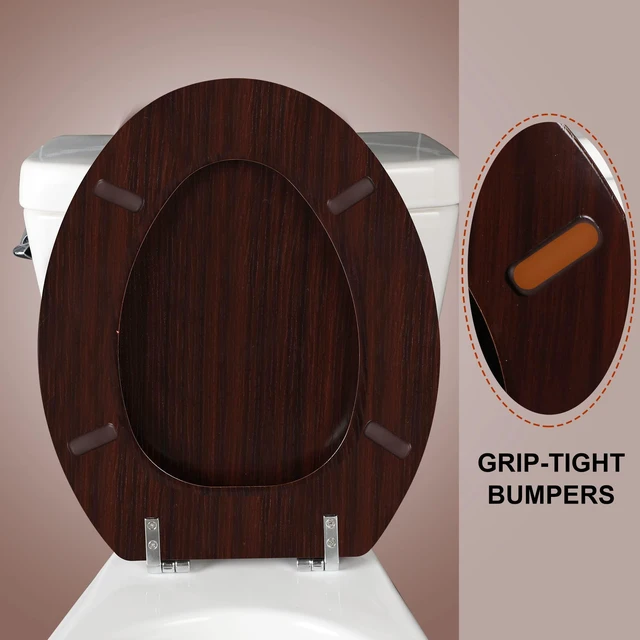 Alt view image 4 of 7 - Wood Toilet Seat with Zinc Alloy Hinges (Elongated, Dark Brown) Elongated Toilet Seat, Anti-Pinch Bumpers, Adjustable Hinges, Easy to Install and Clean