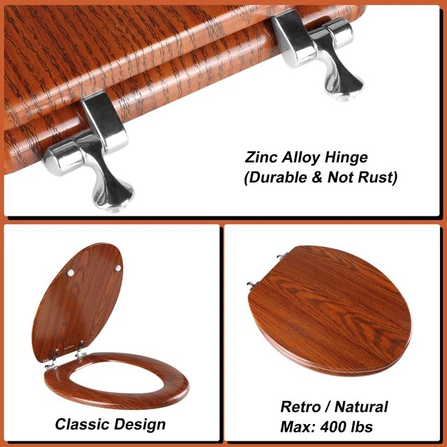 Alt view image 2 of 7 - Wood Toilet Seat with Zinc Alloy Hinges (Elongated, Brownish Yellow) Elongated Toilet Seat, Anti-Pinch Bumpers, Adjustable Hinges, Easy to Install and Clean