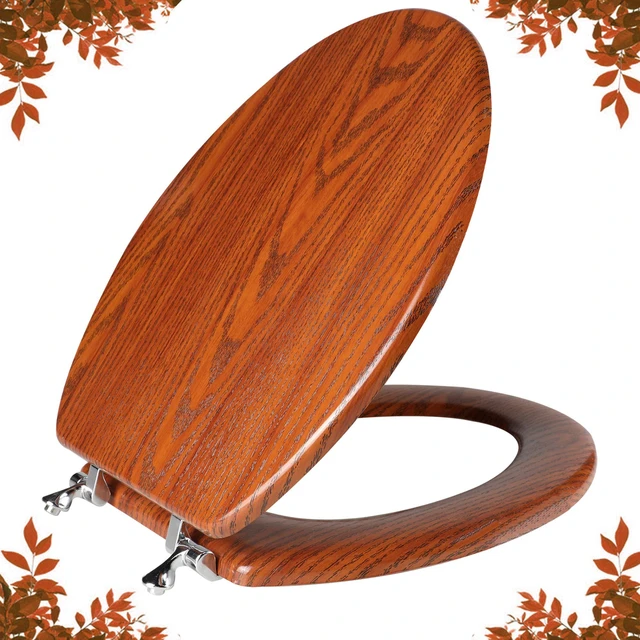 Main image of Wood Toilet Seat with Zinc Alloy Hinges (Elongated, Brownish Yellow) Elongated Toilet Seat, Anti-Pinch Bumpers, Adjustable Hinges, Easy to Install and Clean