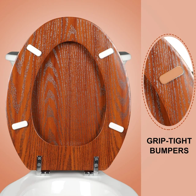 Alt view image 4 of 7 - Wood Toilet Seat with Zinc Alloy Hinges (Elongated, Brownish Yellow) Elongated Toilet Seat, Anti-Pinch Bumpers, Adjustable Hinges, Easy to Install and Clean