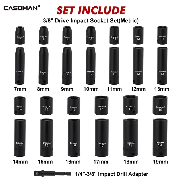 Alt view image 2 of 7 - 27 Pieces 3/8-Inch Drive Impact Socket Set, Deep & Shallow, Metric (7mm - 19mm), 6 Point, CR-V Steel