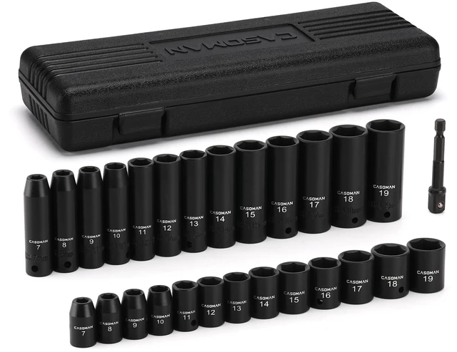 Main image of 27 Pieces 3/8-Inch Drive Impact Socket Set, Deep & Shallow, Metric (7mm - 19mm), 6 Point, CR-V Steel