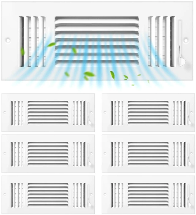 Main image of 6 Pack Wall Vent Covers Interior Size 10 X 4 Inch, White Steel 3 Way Adjustable Air Flow, Steel Construction for Ceiling Sidewall Bathroom Office HVAC, Durable Register Grilles