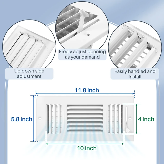 Alt view image 2 of 6 - 6 Pack Wall Vent Covers Interior Size 10 X 4 Inch, White Steel 3 Way Adjustable Air Flow, Steel Construction for Ceiling Sidewall Bathroom Office HVAC, Durable Register Grilles