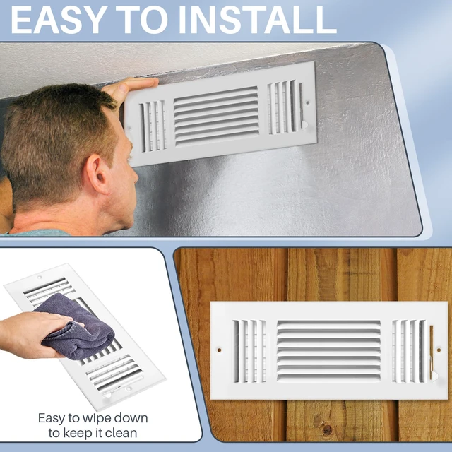 Alt view image 5 of 6 - 6 Pack Wall Vent Covers Interior Size 10 X 4 Inch, White Steel 3 Way Adjustable Air Flow, Steel Construction for Ceiling Sidewall Bathroom Office HVAC, Durable Register Grilles