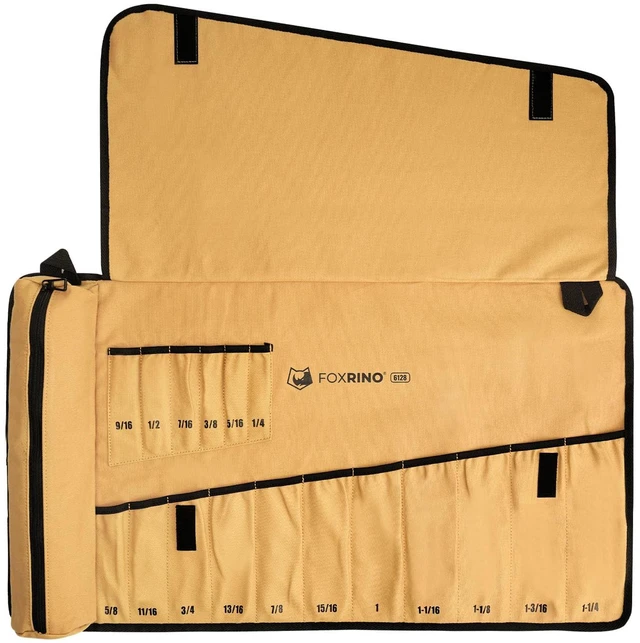 Main image of Wrench Roll, Wrench Roll Up Pouch, 17-Pocket Heavy Duty Canvas Wrench Organizer Bag for Metric Combination Wrenches, Portable Tool Roll Bag, Gifts for Men for Fathers Day(Brown, 17+1 SAE)