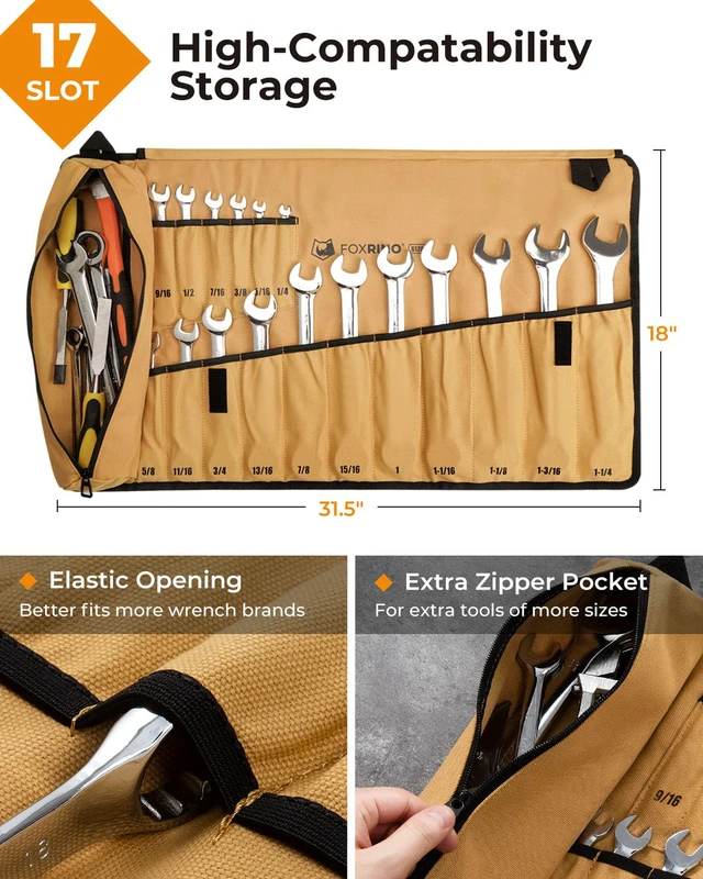Alt view image 2 of 6 - Wrench Roll, Wrench Roll Up Pouch, 17-Pocket Heavy Duty Canvas Wrench Organizer Bag for Metric Combination Wrenches, Portable Tool Roll Bag, Gifts for Men for Fathers Day(Brown, 17+1 SAE)