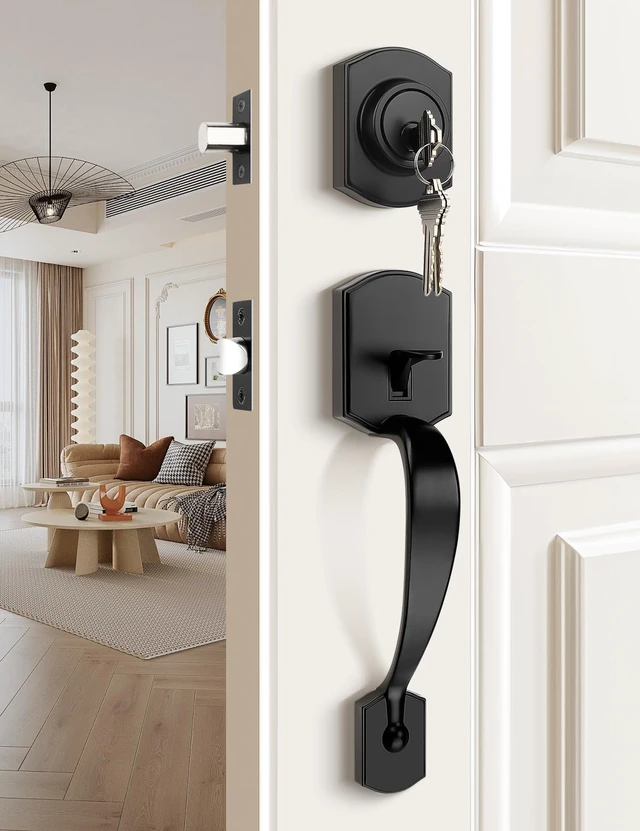 Alt view image 2 of 7 - Black Front Door Handle and Deadbolt Set, Front Door Lock Set 250,000 Cycles Durability, Front Door Handle with Reversible Handle, No Extra Drilling, Entry Hardware for Front & Back Door