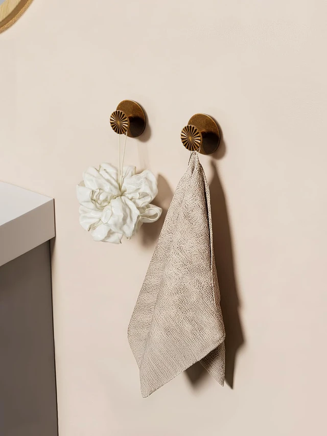 Alt view image 4 of 7 - 4 Pack Adhesive Coat Hooks for Bathrooms Antique Brass Wall Robe Towel Hooks for Hanging Kitchen Decorative Heavy Duty Zinc Alloy