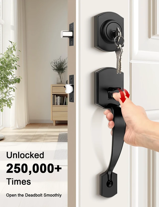 Alt view image 4 of 7 - Black Front Door Handle and Deadbolt Set, Front Door Lock Set 250,000 Cycles Durability, Front Door Handle with Reversible Handle, No Extra Drilling, Entry Hardware for Front & Back Door