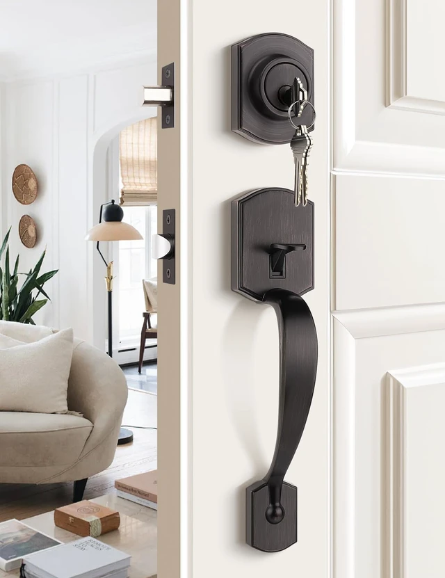 Alt view image 2 of 7 - Front Door Handle and Deadbolt Set, Zinc Alloy Front Door Lock Set Oil-Rubbed Bronze Finish, 250,000 Cycles Durability, Adjustable Latch, No Extra Drilling, for Front & Back Door