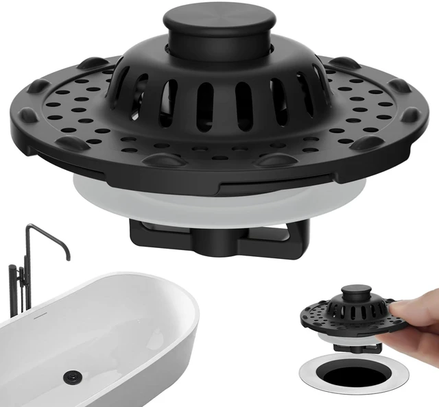 Main image of Universal Bathtub Drain Stopper All Metal Top Hair Catcher, Matte Black Shower Drain Tub Stopper with Stainless Steel Visible Filter Basket, Upgraded 3 in 1 Pop-up Drain Plug for 1.5 to 2.4" Hole