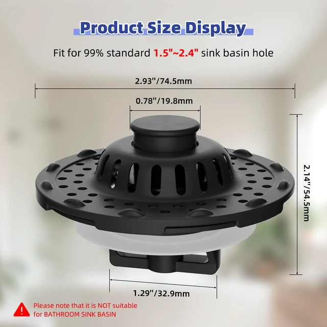 Alt view image 7 of 7 - Universal Bathtub Drain Stopper All Metal Top Hair Catcher, Matte Black Shower Drain Tub Stopper with Stainless Steel Visible Filter Basket, Upgraded 3 in 1 Pop-up Drain Plug for 1.5 to 2.4" Hole