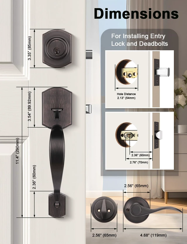 Alt view image 6 of 7 - Front Door Handle and Deadbolt Set, Zinc Alloy Front Door Lock Set Oil-Rubbed Bronze Finish, 250,000 Cycles Durability, Adjustable Latch, No Extra Drilling, for Front & Back Door