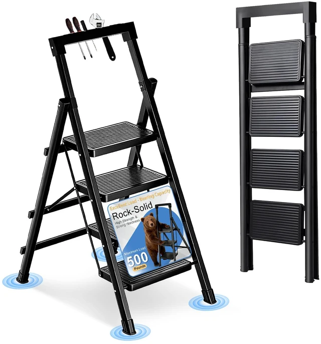 Main image of 4 Step Ladder with Handrail Folding Step Stool with Tool Tray 500LBS Capacity Sturdy Carbon Steel Frame Anti-Slip Stripe Pedal for Home Kitchen Garage (black-4step)