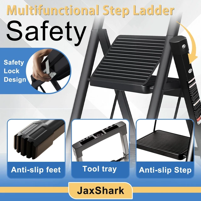 Alt view image 2 of 7 - 4 Step Ladder with Handrail Folding Step Stool with Tool Tray 500LBS Capacity Sturdy Carbon Steel Frame Anti-Slip Stripe Pedal for Home Kitchen Garage (black-4step)