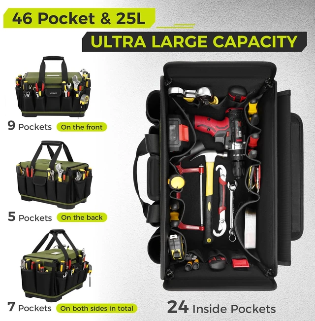 Alt view image 3 of 7 - Heavy Duty Tool Bag 16-Inch, Tool Bags for men Toolbox Organizer Tote Gifts 46 Pockets, Hard Bottom, Waterproof Pocket, 1680D Tear-Proof, Tool Tote for Electrician HVAC Mechanic, Father Day Gifts