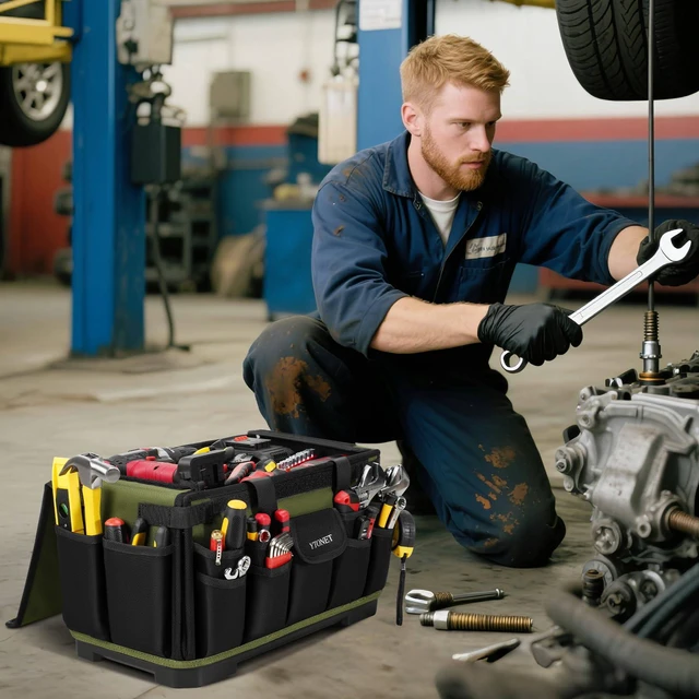Alt view image 6 of 7 - Heavy Duty Tool Bag 16-Inch, Tool Bags for men Toolbox Organizer Tote Gifts 46 Pockets, Hard Bottom, Waterproof Pocket, 1680D Tear-Proof, Tool Tote for Electrician HVAC Mechanic, Father Day Gifts