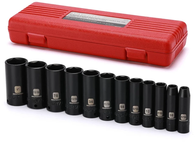 Main image of 12 Pieces 3/8-Inch Drive Deep Impact Socket Set, 5/16 to 1 inch, CR-V, SAE, 6 Point, Deep, 12 Pieces 3/8" Dr. Socket