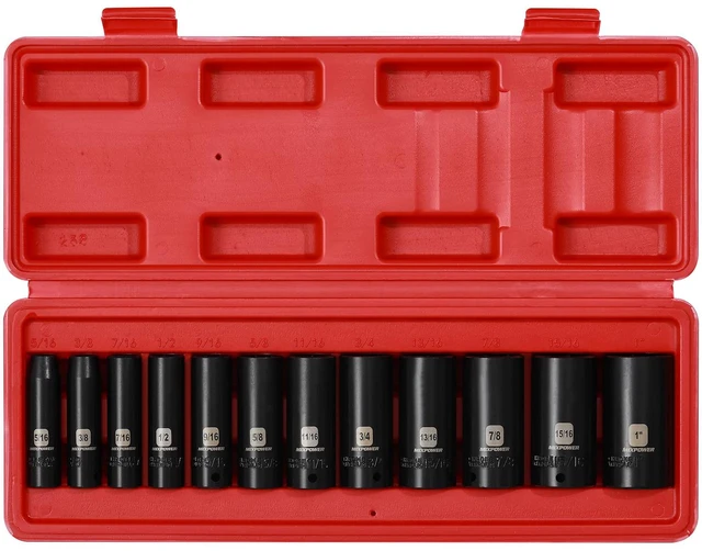 Alt view image 2 of 7 - 12 Pieces 3/8-Inch Drive Deep Impact Socket Set, 5/16 to 1 inch, CR-V, SAE, 6 Point, Deep, 12 Pieces 3/8" Dr. Socket