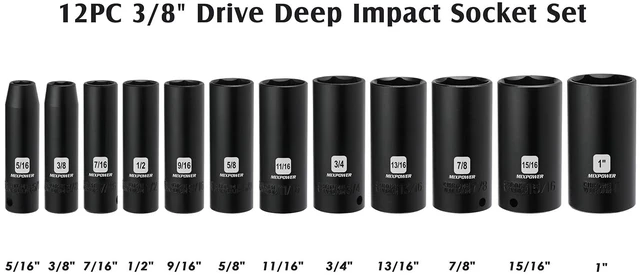Alt view image 3 of 7 - 12 Pieces 3/8-Inch Drive Deep Impact Socket Set, 5/16 to 1 inch, CR-V, SAE, 6 Point, Deep, 12 Pieces 3/8" Dr. Socket