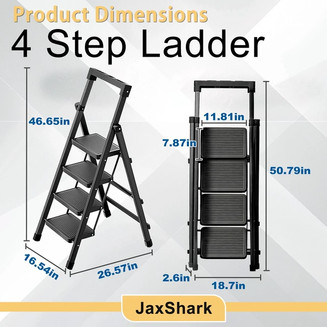 Alt view image 6 of 7 - 4 Step Ladder with Handrail Folding Step Stool with Tool Tray 500LBS Capacity Sturdy Carbon Steel Frame Anti-Slip Stripe Pedal for Home Kitchen Garage (black-4step)