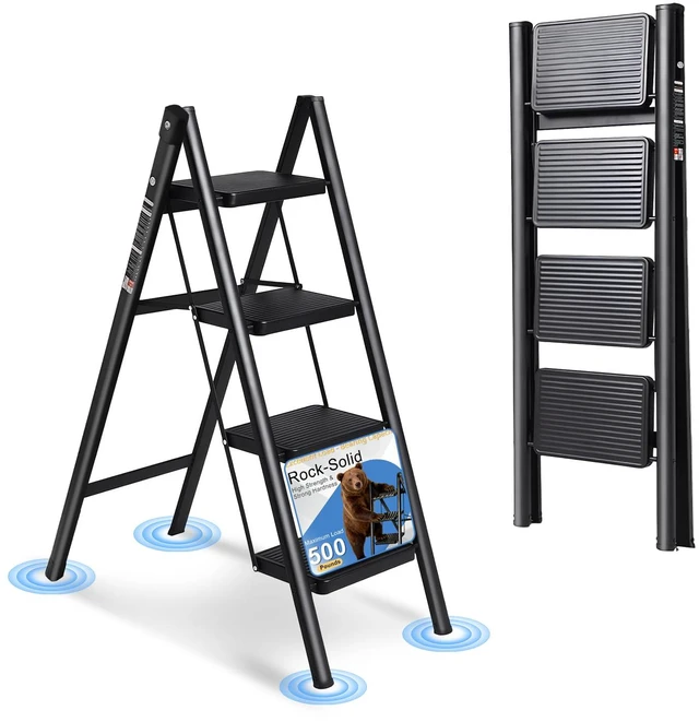 Main image of 4 Step Ladder Folding Step Stool Sturdy Carbon Steel Frame Anti-Slip Thick Pedal & Feet Portable for Home Kitchen Garage (black-4step)