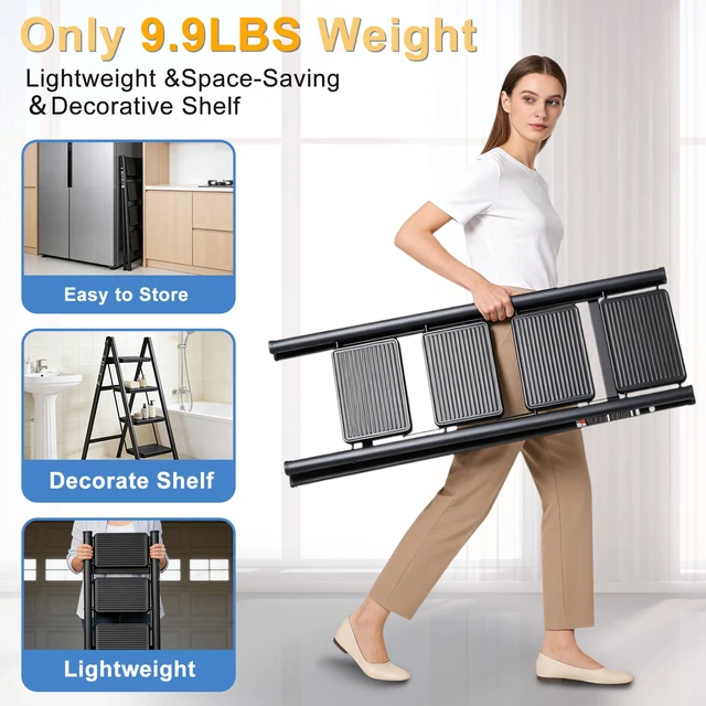 Alt view image 5 of 7 - 4 Step Ladder Folding Step Stool Sturdy Carbon Steel Frame Anti-Slip Thick Pedal & Feet Portable for Home Kitchen Garage (black-4step)