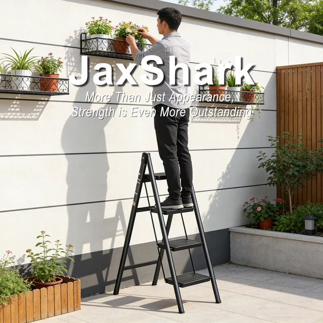 Alt view image 7 of 7 - 4 Step Ladder Folding Step Stool Sturdy Carbon Steel Frame Anti-Slip Thick Pedal & Feet Portable for Home Kitchen Garage (black-4step)