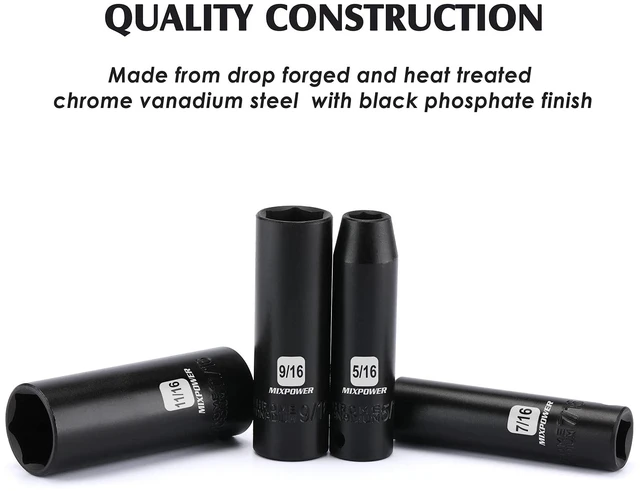 Alt view image 4 of 7 - 12 Pieces 3/8-Inch Drive Deep Impact Socket Set, 5/16 to 1 inch, CR-V, SAE, 6 Point, Deep, 12 Pieces 3/8" Dr. Socket