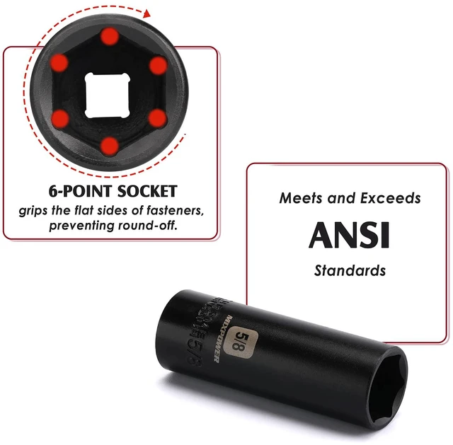 Alt view image 5 of 7 - 12 Pieces 3/8-Inch Drive Deep Impact Socket Set, 5/16 to 1 inch, CR-V, SAE, 6 Point, Deep, 12 Pieces 3/8" Dr. Socket
