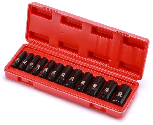 Alt view image 6 of 7 - 12 Pieces 3/8-Inch Drive Deep Impact Socket Set, 5/16 to 1 inch, CR-V, SAE, 6 Point, Deep, 12 Pieces 3/8" Dr. Socket