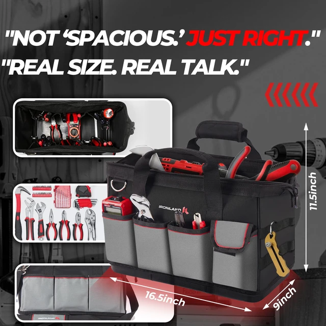 Alt view image 2 of 6 - 16.5 Inch Hard & Sturdy Bottom Tool Bag Organizer for Men Waterproof Heavy Duty Tool Bag with Handle, Large Zipper, Ideal for Mechanics Electrician Handyman Hvac, Great Gift for Dad