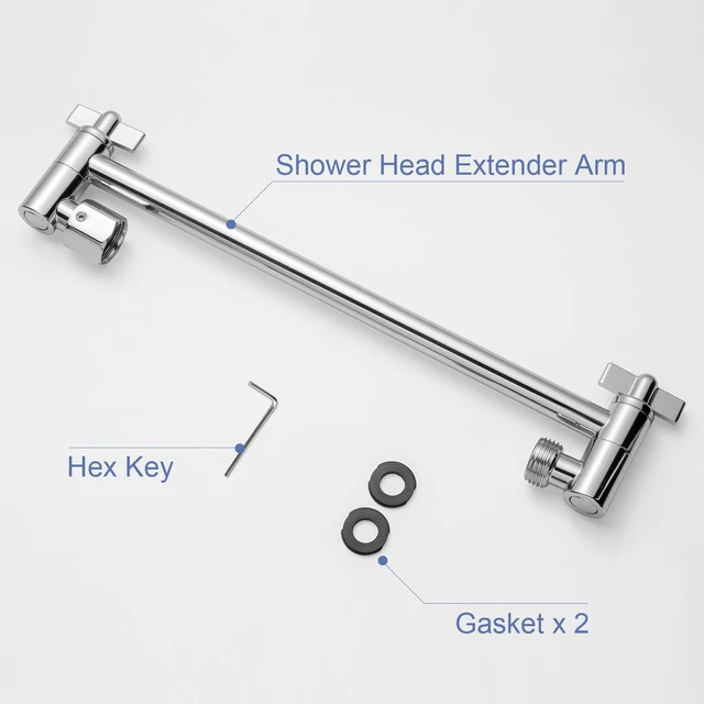 Alt view image 7 of 7 - 11 inch Shower Head Extension Arm, Adjustable Height & Angle Shower Arm Extender with Locking Nut, Universal G1/2 Connector for Fixed and Handheld Showerhead, Chrome