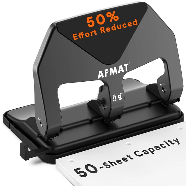 Main image of Heavy Duty 3 Hole Punch, 50-Sheet Capacity, 50% Reduced Effort Three Hole Puncher for Binder, 10K+ Uses, Large Chip Tray, Adjustable Paper Guide, Office Metal Paper Puncher 3 Ring HP20(Black)