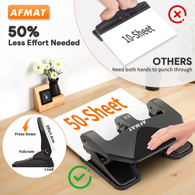 Alt view image 2 of 6 - Heavy Duty 3 Hole Punch, 50-Sheet Capacity, 50% Reduced Effort Three Hole Puncher for Binder, 10K+ Uses, Large Chip Tray, Adjustable Paper Guide, Office Metal Paper Puncher 3 Ring HP20(Black)