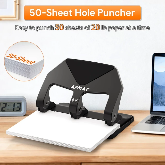 Alt view image 3 of 6 - Heavy Duty 3 Hole Punch, 50-Sheet Capacity, 50% Reduced Effort Three Hole Puncher for Binder, 10K+ Uses, Large Chip Tray, Adjustable Paper Guide, Office Metal Paper Puncher 3 Ring HP20(Black)