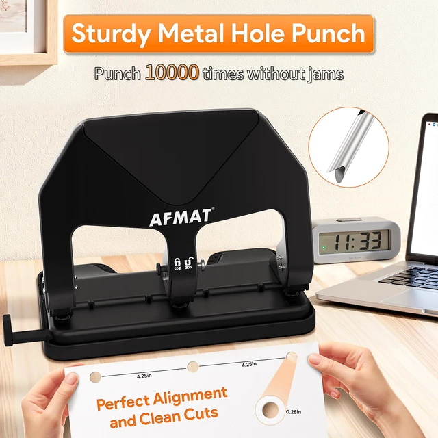 Alt view image 4 of 6 - Heavy Duty 3 Hole Punch, 50-Sheet Capacity, 50% Reduced Effort Three Hole Puncher for Binder, 10K+ Uses, Large Chip Tray, Adjustable Paper Guide, Office Metal Paper Puncher 3 Ring HP20(Black)