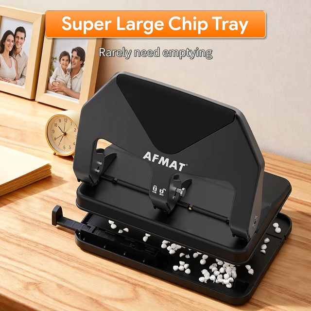 Alt view image 6 of 6 - Heavy Duty 3 Hole Punch, 50-Sheet Capacity, 50% Reduced Effort Three Hole Puncher for Binder, 10K+ Uses, Large Chip Tray, Adjustable Paper Guide, Office Metal Paper Puncher 3 Ring HP20(Black)