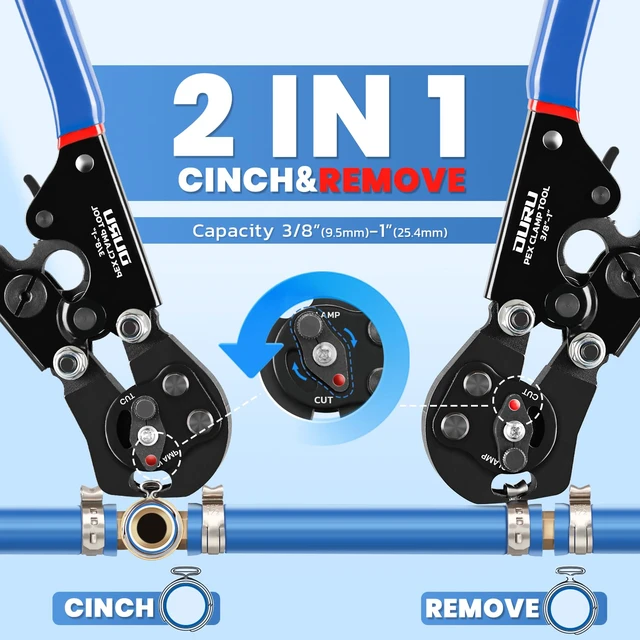 Alt view image 2 of 7 - PEX Crimping Tool Kit, Cinch & Remove, 3/8" to 1",PEX Cutter & Clamps 2 IN 1 Ratchet Crimp Tool, Non-Slip Grip, Includes Stainless Steel Pex Clamps 1/2" 25PCS, 3/4" 10PCS, Plumbing Applications