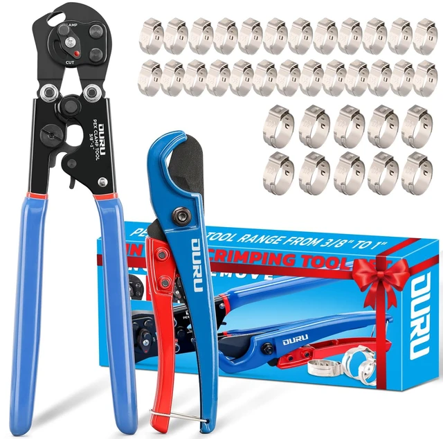 Main image of PEX Crimping Tool Kit, Cinch & Remove, 3/8" to 1",PEX Cutter & Clamps 2 IN 1 Ratchet Crimp Tool, Non-Slip Grip, Includes Stainless Steel Pex Clamps 1/2" 25PCS, 3/4" 10PCS, Plumbing Applications