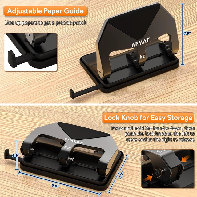 Alt view image 5 of 6 - Heavy Duty 3 Hole Punch, 50-Sheet Capacity, 50% Reduced Effort Three Hole Puncher for Binder, 10K+ Uses, Large Chip Tray, Adjustable Paper Guide, Office Metal Paper Puncher 3 Ring HP20(Black)