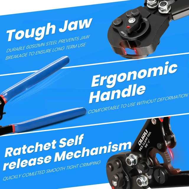 Alt view image 5 of 7 - PEX Crimping Tool Kit, Cinch & Remove, 3/8" to 1",PEX Cutter & Clamps 2 IN 1 Ratchet Crimp Tool, Non-Slip Grip, Includes Stainless Steel Pex Clamps 1/2" 25PCS, 3/4" 10PCS, Plumbing Applications