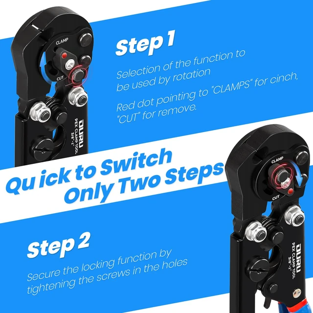 Alt view image 3 of 7 - PEX Crimping Tool Kit, Cinch & Remove, 3/8" to 1",PEX Cutter & Clamps 2 IN 1 Ratchet Crimp Tool, Non-Slip Grip, Includes Stainless Steel Pex Clamps 1/2" 25PCS, 3/4" 10PCS, Plumbing Applications