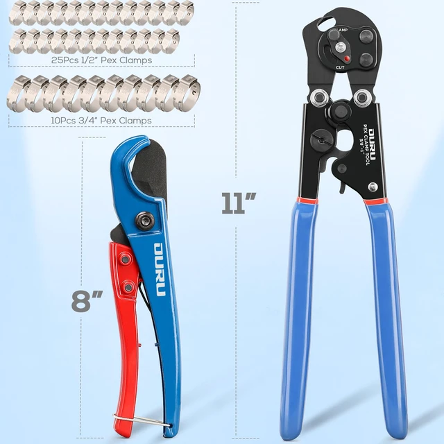 Alt view image 6 of 7 - PEX Crimping Tool Kit, Cinch & Remove, 3/8" to 1",PEX Cutter & Clamps 2 IN 1 Ratchet Crimp Tool, Non-Slip Grip, Includes Stainless Steel Pex Clamps 1/2" 25PCS, 3/4" 10PCS, Plumbing Applications