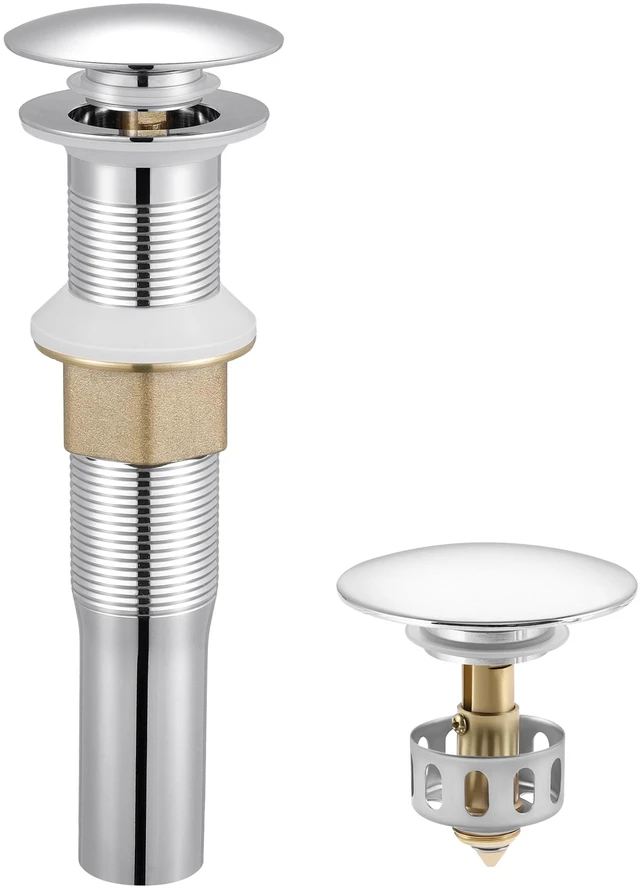Main image of Bathroom Sink Drain with Strainer Basket Hair Catcher Anti Clog Pop Up Drain Stopper Vanity Vessel Sink Without Overflow, Polished Chrome S2013D-CH
