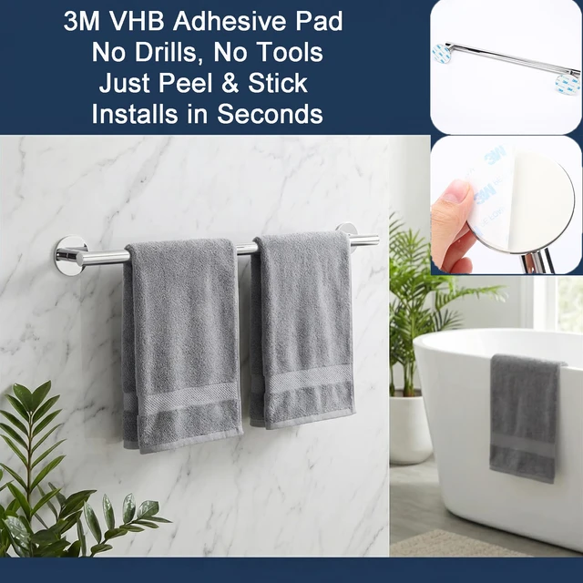Alt view image 3 of 7 - 3M Towel Bar, 24 Inch #304SS Chrome No Drill Self Adhesive Bathroom Towel Rod Wall Mounted
