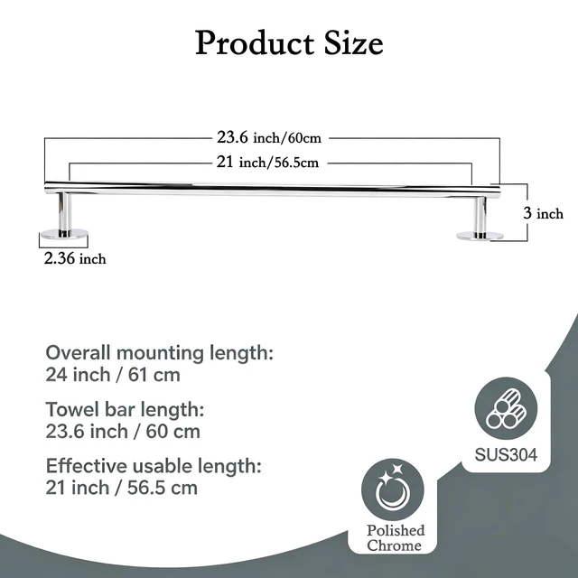 Alt view image 4 of 7 - 3M Towel Bar, 24 Inch #304SS Chrome No Drill Self Adhesive Bathroom Towel Rod Wall Mounted